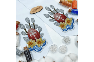 Заготовка для вишивки бісером великоднього банта на кошик "Писанка з квітами" БК_081 (з намистинами)